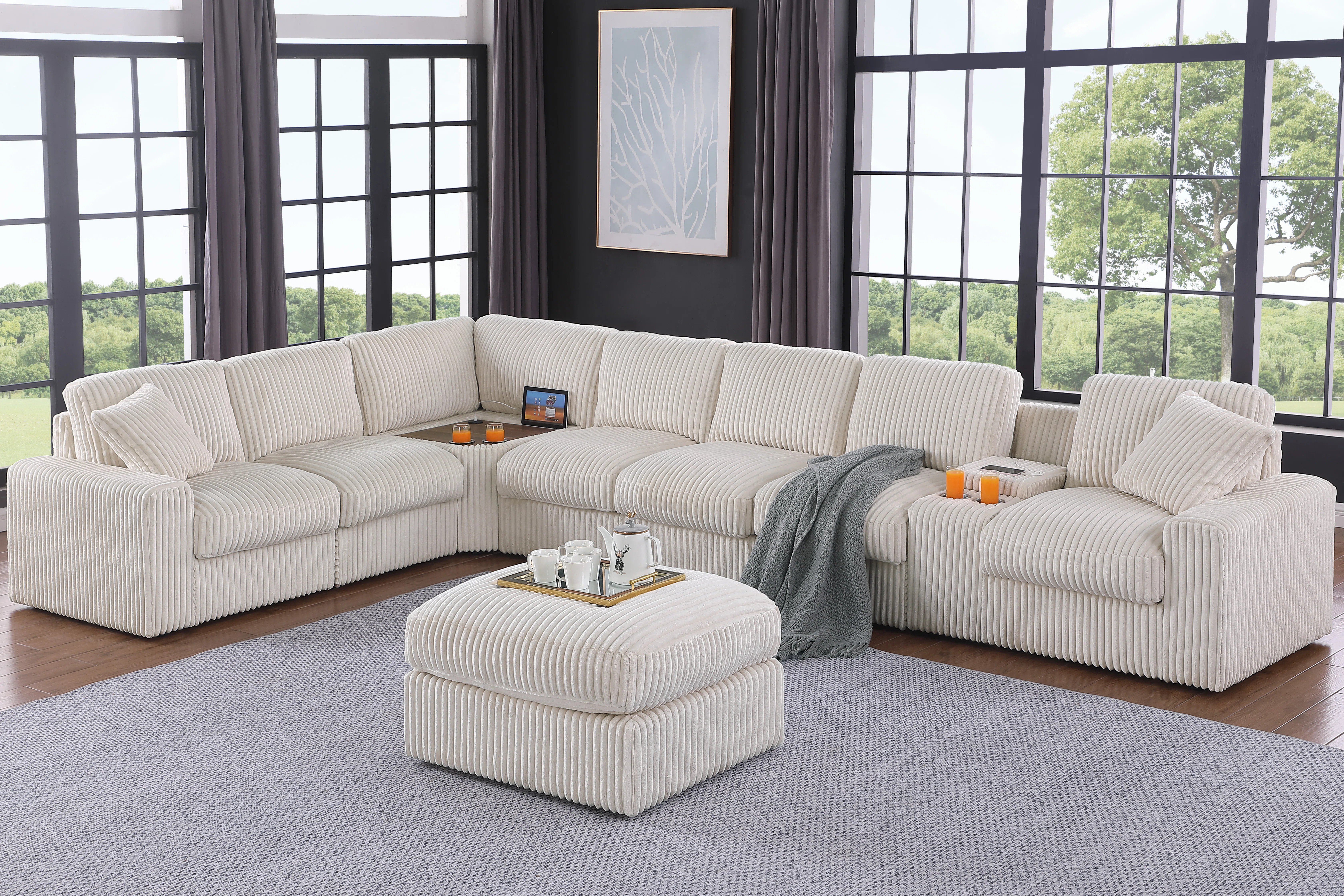 Hokku Designs Deantrei Corner Sectional Sofa With Cupholder Console With A Corner Table With USB ... | Wayfair North America
