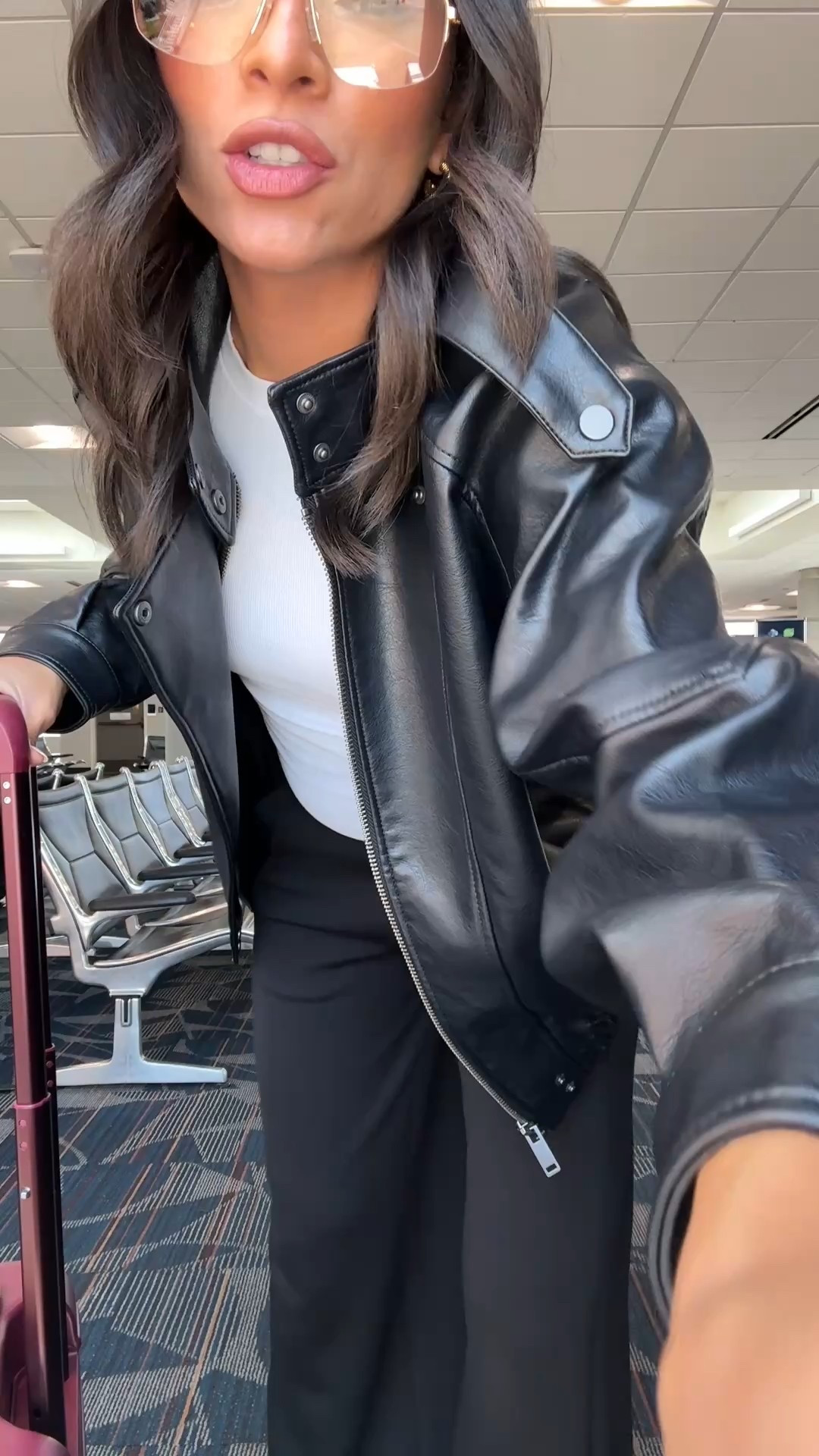 Airport outfit! This faux leather jacket looks $$$ but it’s under $150 👏🏽 tons of compliments on this! Paired it with my favorite fitted tee and my go-to travel pants for a comfy chic travel outfit. Wearing a Small in jacket, small in t-shirt, and small reg length in pants (I’m sizing up and going down in length to wear below my belly 🤰)

#LTKCon 

#LTKStyleTip #LTKTravel