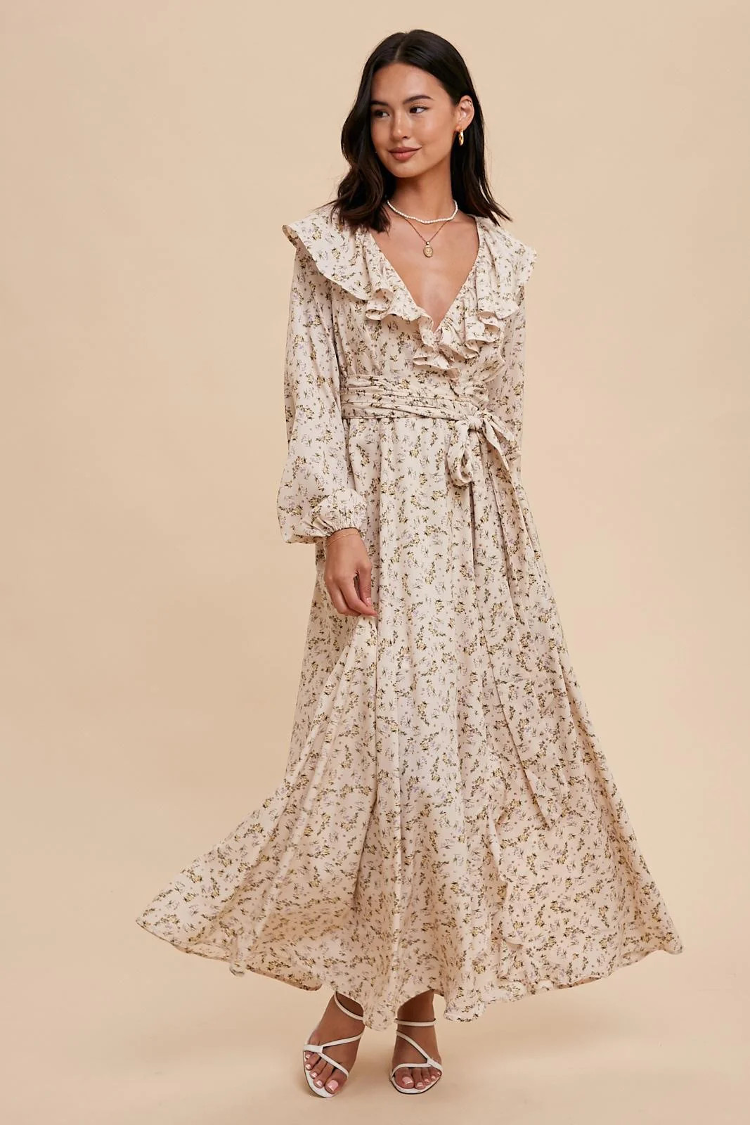 Cream Floral Ruffle V-Neck Wrap Front Maxi Dress | PinkBlush Maternity