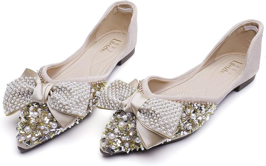 QXCGDYXT Women's Rhinestone Flats Bow Sequins Wedding Shoes Comfort Pointed Toe Ballet Flat Shoe Low | Amazon (US)