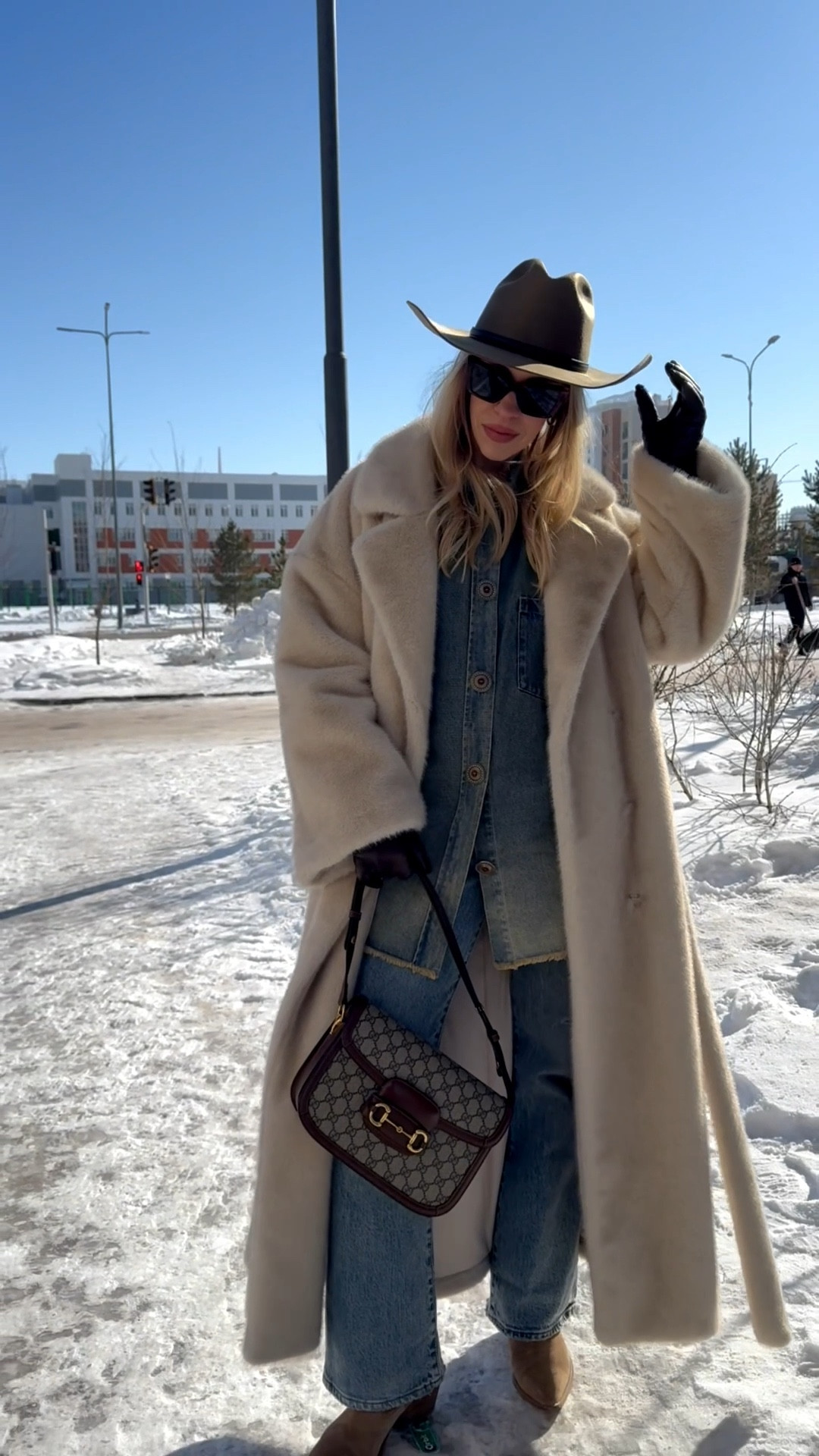 Beige faux fur coat, shearling coat, all denim outfit, @Janessa Leone western hat, @Levi's bootcut jeans, Gucci bag

#LTKSeasonal #LTKSaleAlert #LTKOver40