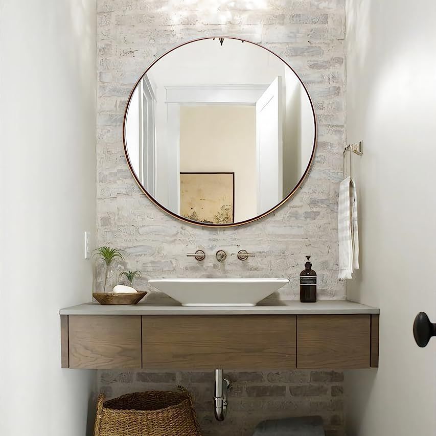 Hamilton Hills Clean Large Modern Wenge 32" Wood Circle Frame Wall Mirror | Contemporary Premium Sil | Amazon (US)