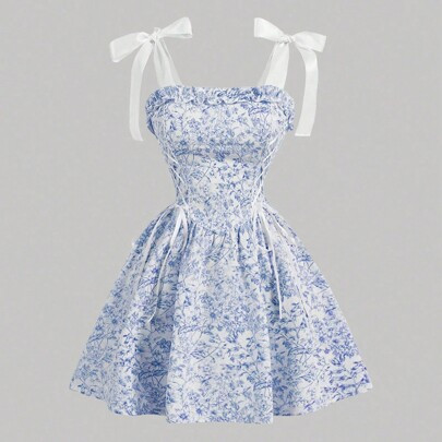 Women Pink Floral Print Belted Vintage Court Flared Skater Dress Pink Short Dress,Grad Dress | SHEIN