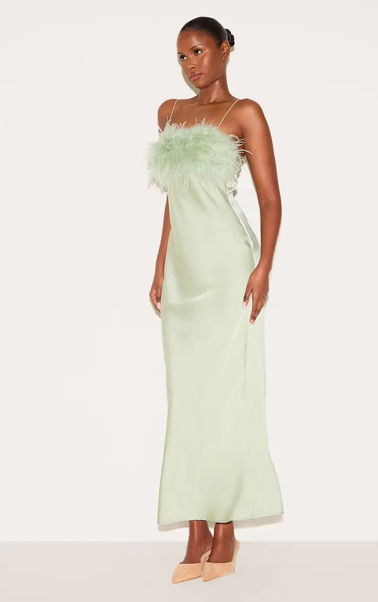 Sage Satin Feather Bust Detail Strappy Maxi Dress | PrettyLittleThing USA | PrettyLittleThing US