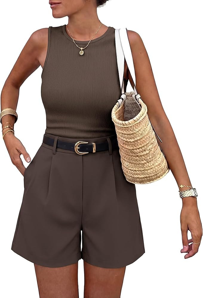 BTFBM 2 Piece Sets for Women Summer 2026 Sleeveless Matching Short Sets Tank Crew Neck Airport Tr... | Amazon (US)