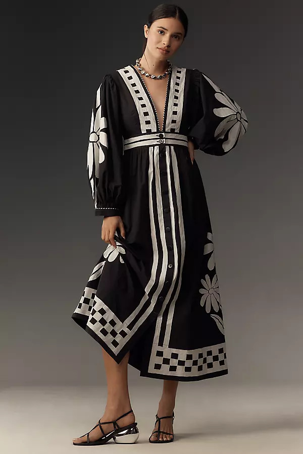 Farm Rio Nature Long-Sleeve V-Neck Graphic Floral Maxi Dress | Anthropologie (US)