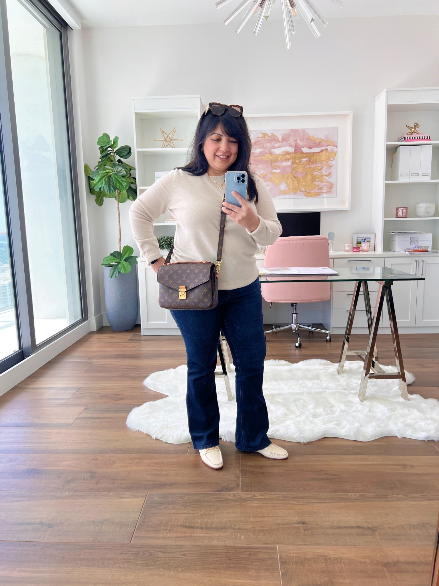 Nordstrom Anniversary Sale favorites STILL IN STOCK! Nordstrom cashmere sweater size large. Wit and Wisdom Itty Bitty bootcut jeans size 12 Petite (also available in regular, long and plus sizes too). Sam Edelman ivory loafers true to size. Miu Miu sunglasses. Kendra Scott necklace. 

#LTKMidsize #LTKPetite #LTKSaleAlert