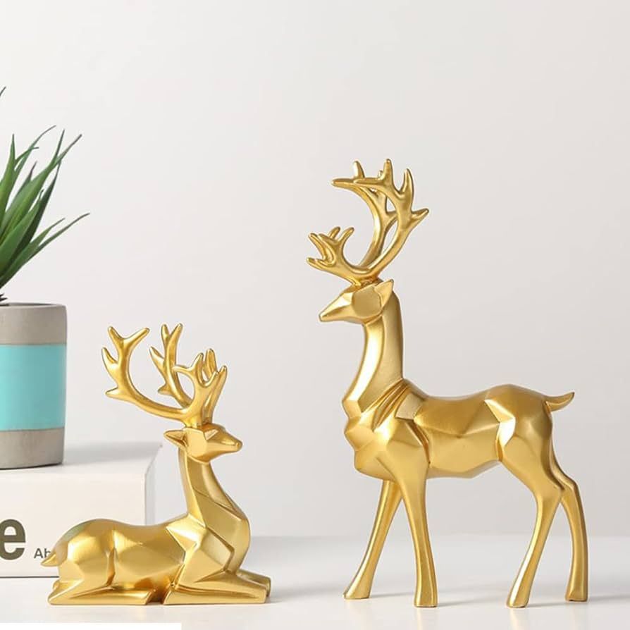 Amazon.com: 2pcs 3D Geometric Elk Resin Statue, Seated and Standing Elegant Lucky Deer, Luxurious... | Amazon (US)