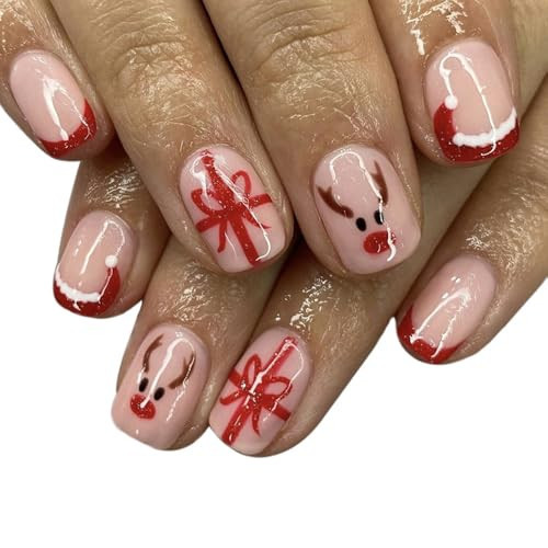 CEWEWP Short Christmas Press on Nails Red French Fake Nails Square Shape False Nail Tips with Elk and Bow Knot Designs Cute Santa Hat French Tip Press on Nails for Women Christmas Decorations 24pcs | Amazon (US)
