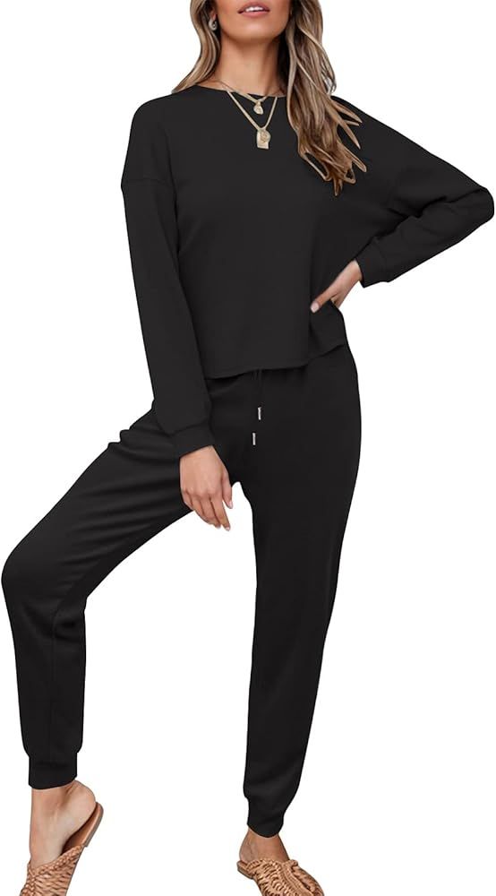 ZESICA Womens Waffle Knit Outfits Set Casual Long Sleeve Top and Pants Two Piece Loungewear Sweatsui | Amazon (US)