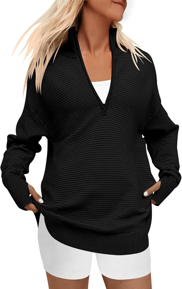 ANRABESS Women's 2024 Fall Long Sleeve Half Zip Casual Oversized Ribbed Knit Pullover Sweater Top... | Amazon (US)