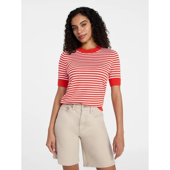 Time and Tru Women's Striped Pointelle Sweater with Short Sleeves, Lightweight, Sizes XS – XXXL | Walmart (US)
