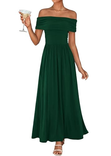 KIRUNDO Cocktail Dresses for Women 2026 Summer Off The Shoulder Ruched Pleated Long Flowy Formal Party Maxi Dresses Pockets(Dark Green, X-Large) | Amazon (US)