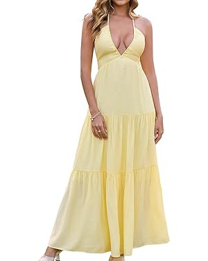 GLNEGE Summer Maxi Beach Dress Boho Halter V Neck Backless Bow Dresses Flowy Trendy Ruffle Sundre... | Amazon (US)