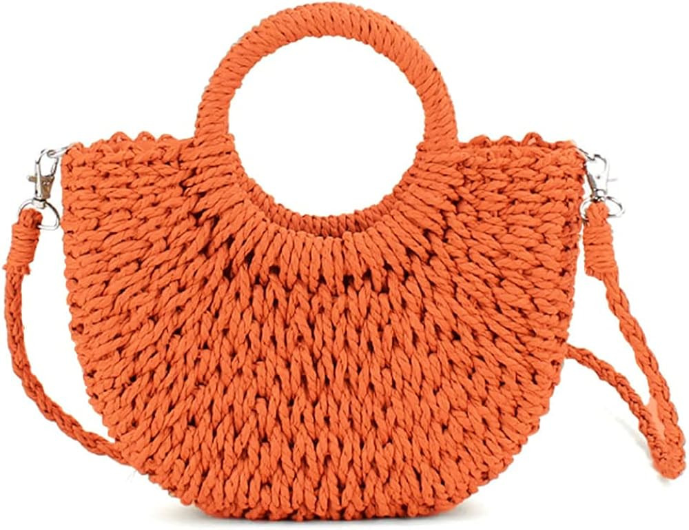 QTKJ Mini Semi-circle Rattan Straw Bag, Hand-woven Women Summer Retro Beach Tote Shoulder Bag Cro... | Amazon (US)