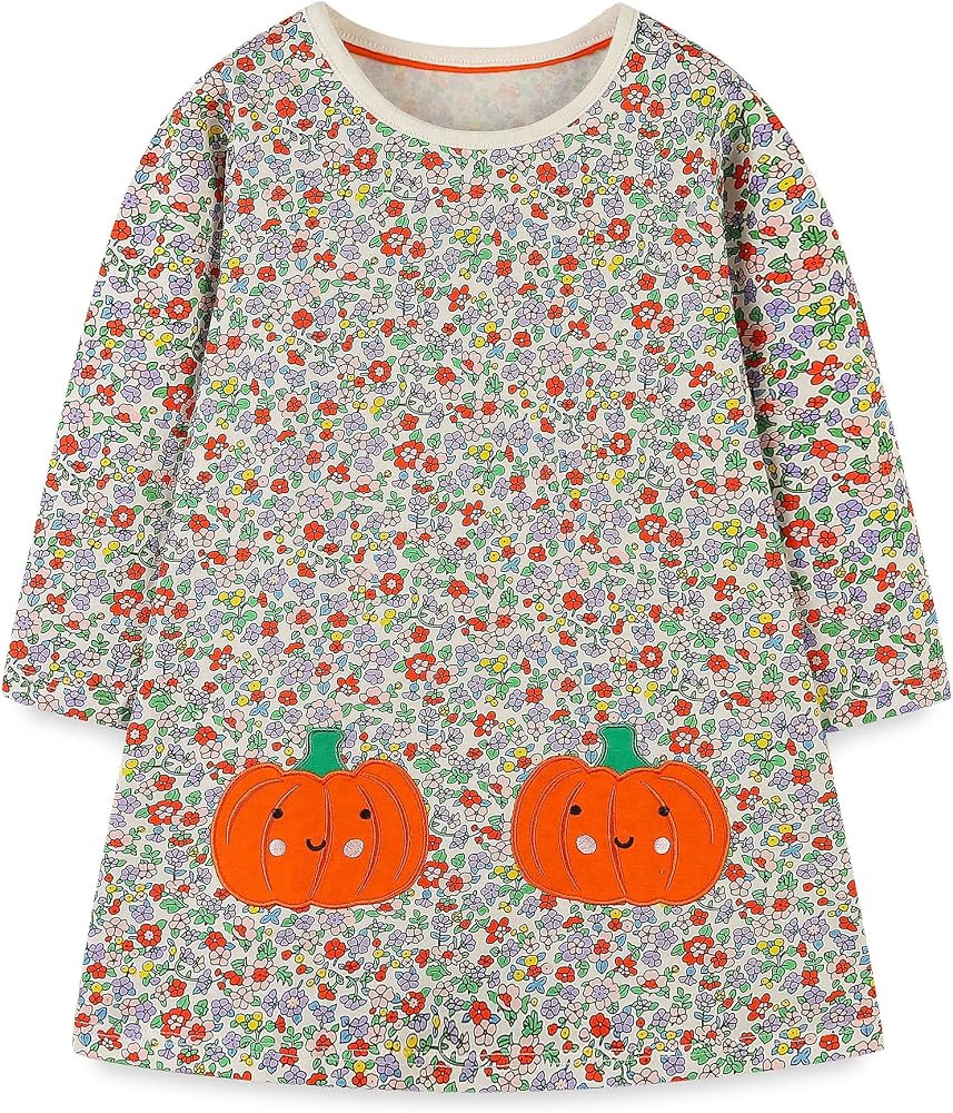 FreeLu Girls Cartoon Applique Dresses Striped Casual Dress Cotton Jersey Longsleeve T-Shirt | Amazon (US)