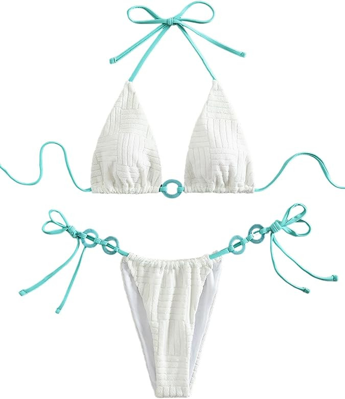 WDIRARA Women's 2 Piece Halter Swimsuit Triangle Tie Up Thong Textured Bikini Set | Amazon (US)