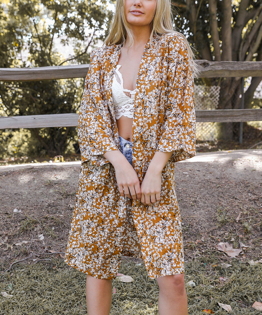 Leto Collection Women's Kimono Cardigans MUSTARD - Mustard Floral Kimono - Women | Zulily