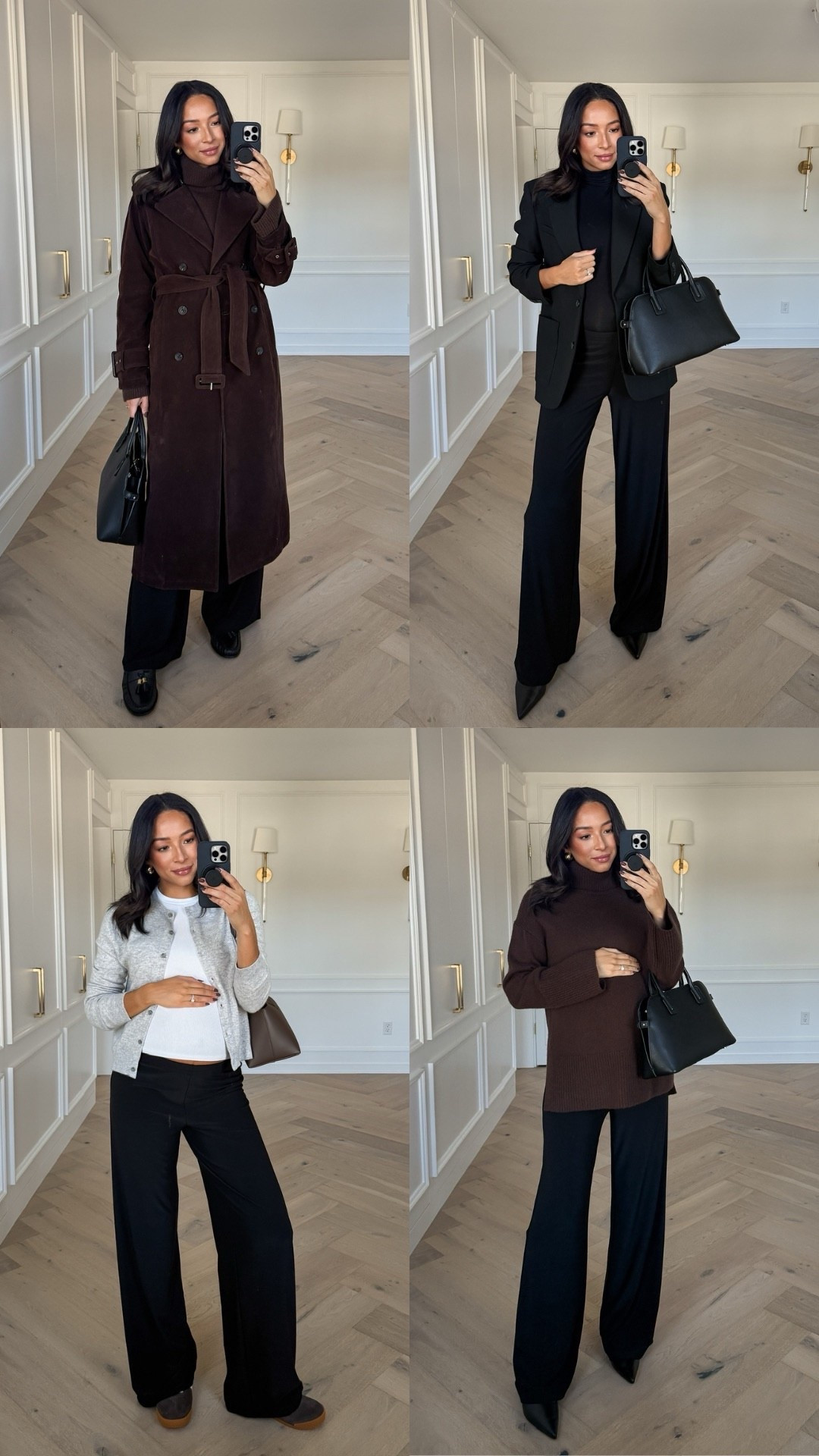 Ways to Style: Wide Leg Pants 🖤 Sizing details below 👇🏽 Wide leg pants - M Brown turtleneck sweater- S Suede trench coat - S Black turtleneck - S Black blazer - S White long sleeve - S Grey cardigan - S 

Winter outfit 
Winter fashion
Workwear
Work outfit
Office outfit 

#LTKBump #LTKFindsUnder100 #LTKWorkwear