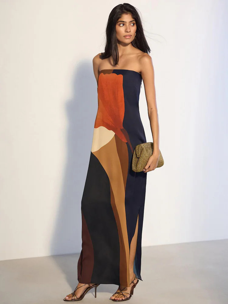 Brown Floral Print Satin Bandeau Column Maxi Occasion Dress | Next EU