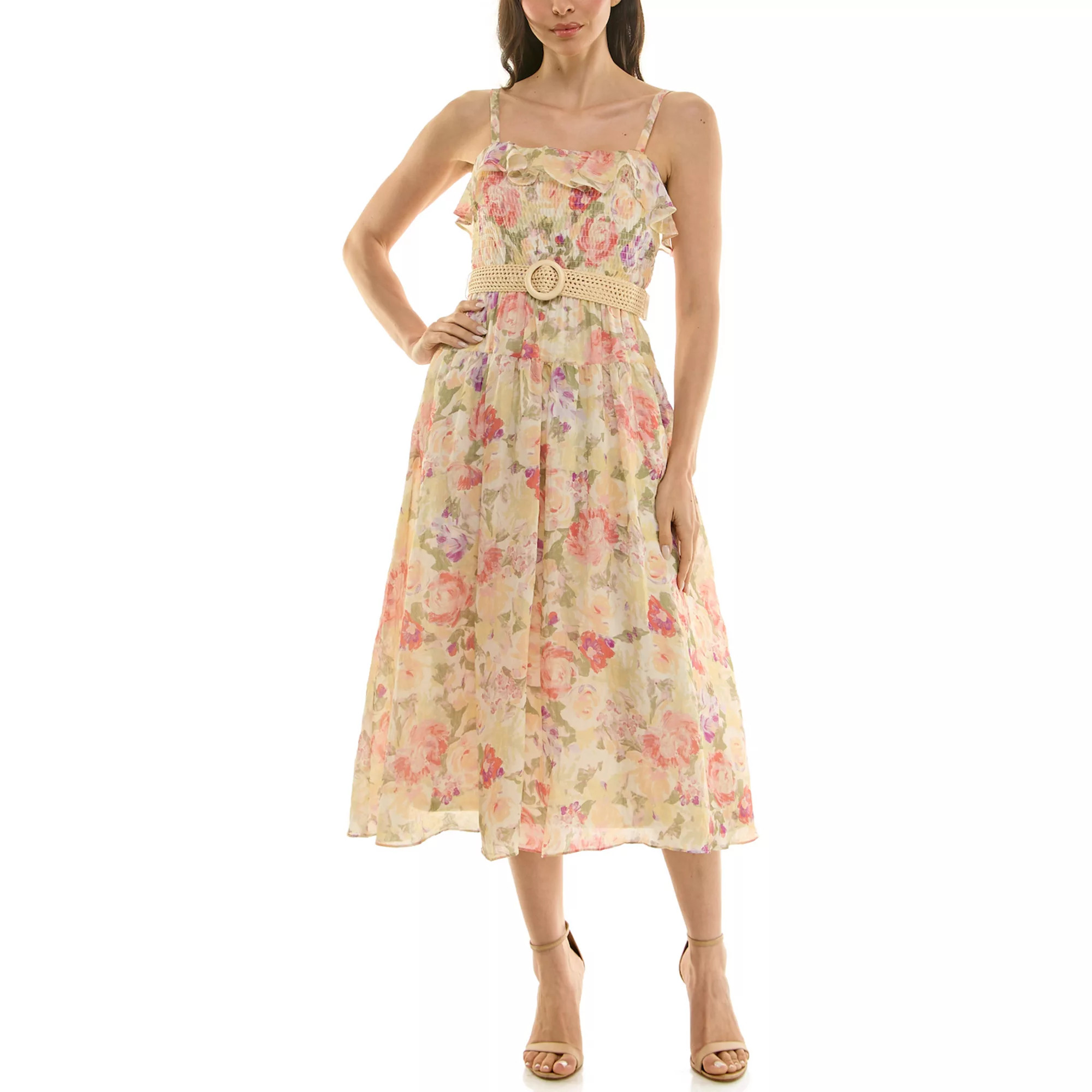 Women's Maison Tara Smocked Belted Voile Midi Dress | Kohl's