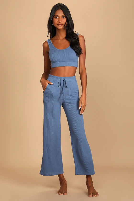 Sweet Slumber Denim Blue Ribbed Two-Piece Pajama Set | Lulus (US)