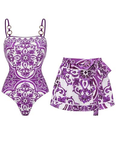 FLAXMAKER Women's One Piece Sling Classic Majolica Adjustable Bathing Suits Back Lace up Swimsuit with Skirt/Shorts(Purple Short,S) | Amazon (US)
