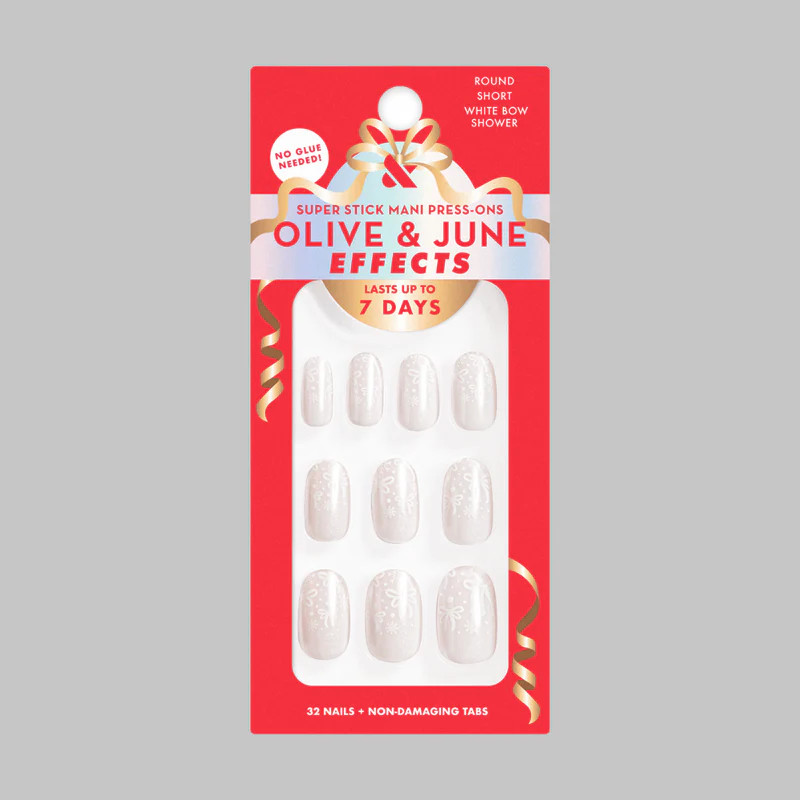 White Bow Shower - Tab Press-On | Short | Round | Olive & June