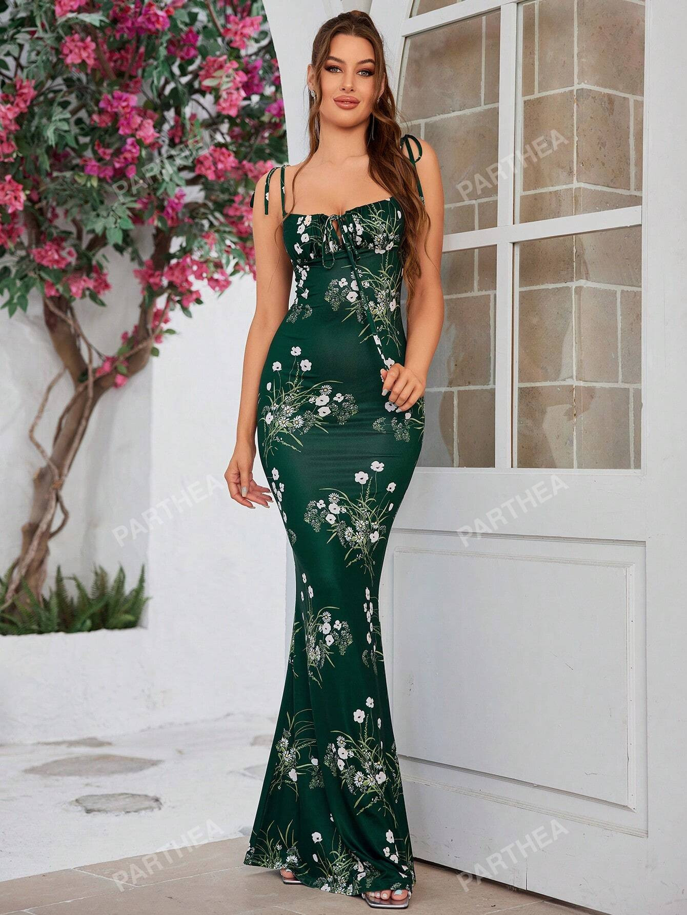 PARTHEA Lace Up Mermaid Hem Ruched Floral Print Maxi Dress | SHEIN USA | SHEIN