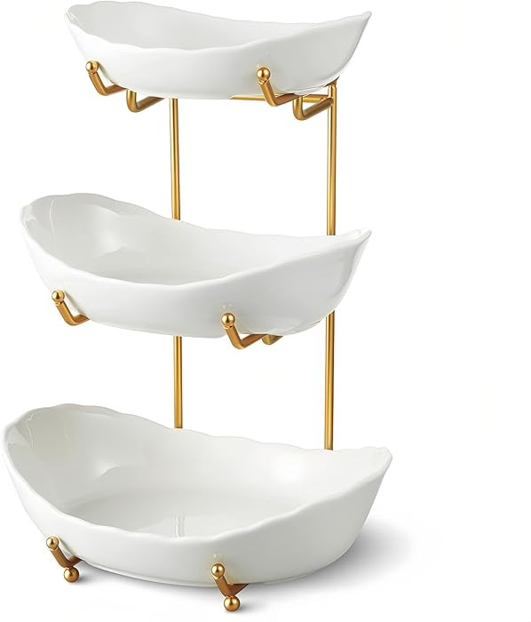 Ceramic Fruit Bowl for Kitchen Counter - 3 Tier Fruit Basket with Metal Stand, Tiered Fruit Stand... | Amazon (US)