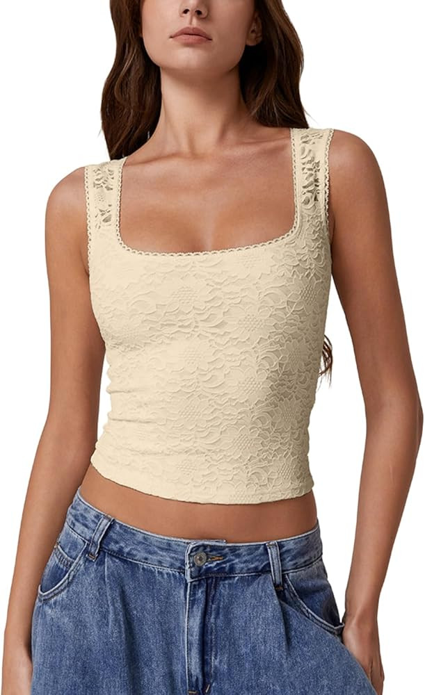 QINSEN Women's Lace Trim Square Neck Sleeveless Double-Layer Tank Top | Amazon (US)