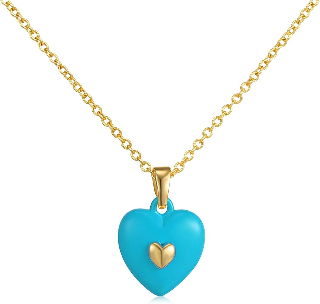14K Gold Plated Heart Pendant Necklace for Women Trendy Cute Dainty Love Choker Necklaces Pink Bl... | Amazon (US)