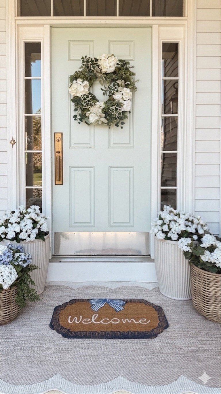 Front door decor! Decorated the front porch with white and blue, scalloped rug and bow accents