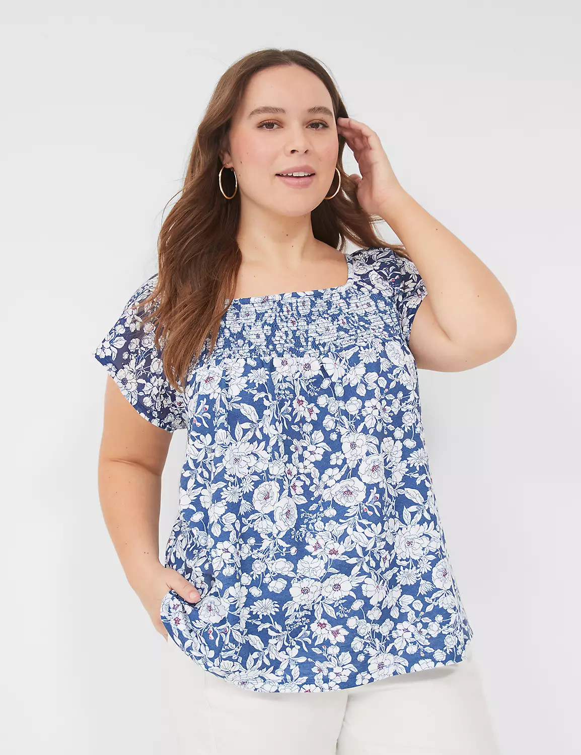 Relaxed Eyelet-Sleeve Smocked-Neck Top | LaneBryant | Lane Bryant (US)