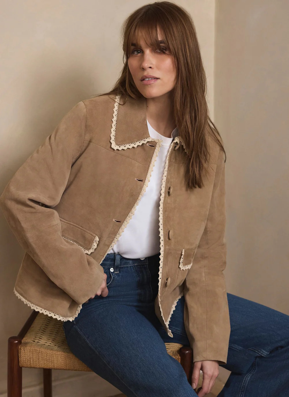 Neutral Suede Crochet Trim Jacket | Mint Velvet