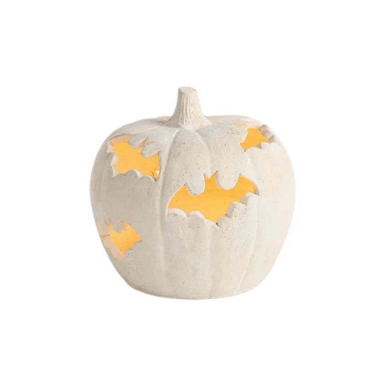 Terracotta-Effect Bat Cutout Pumpkin, Halloween LED Light Up Resin Pumpkin Lantern with Bat Hollo... | Walmart (US)