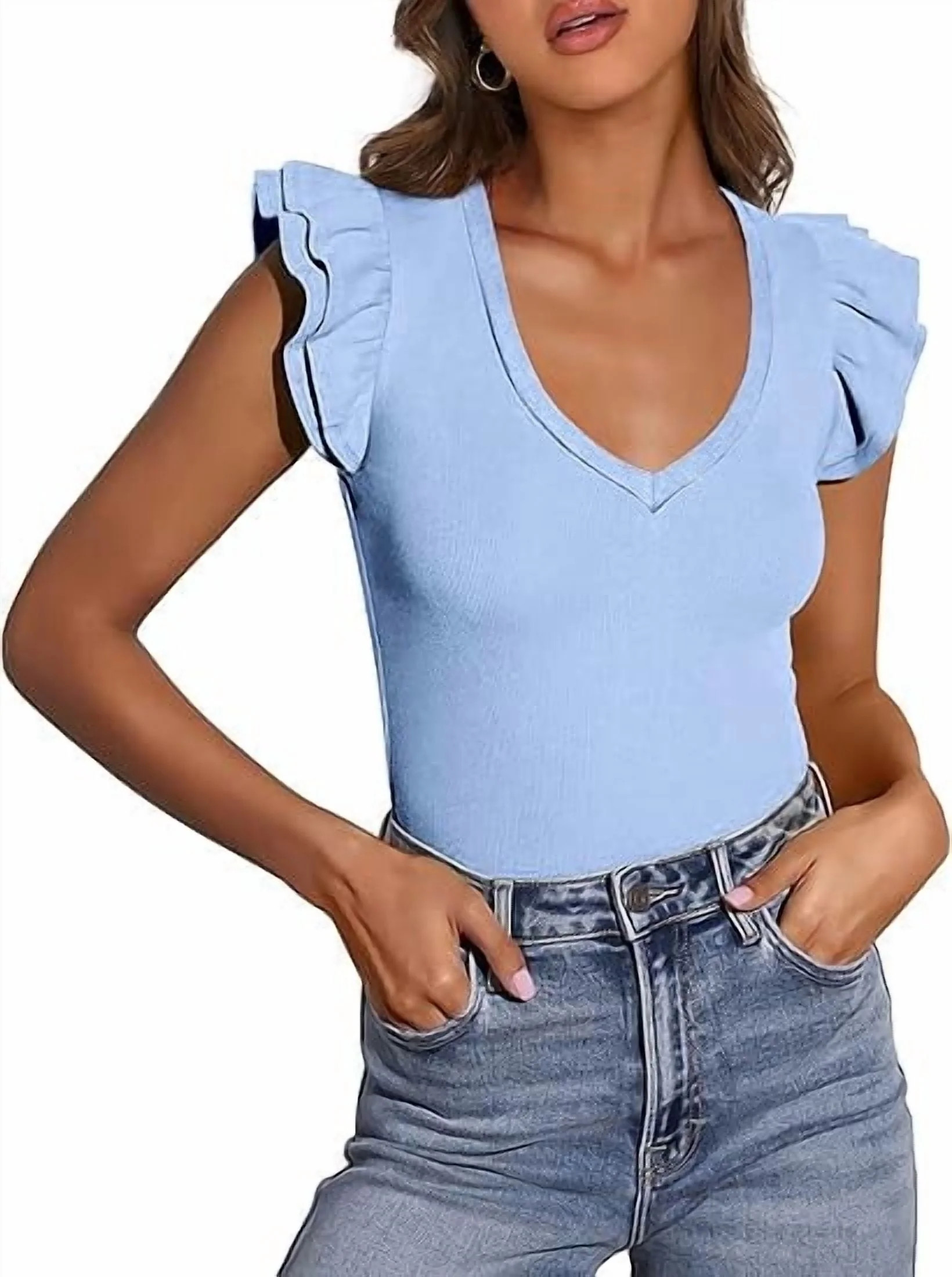 PRETTYGARDEN Womens V Neck Summer Tops Ruffle Sleeveless Slim Fit T Shirts Going Out Casual Blous... | Walmart (US)