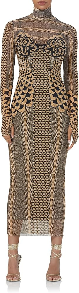 AFRM Women's Shailene Turtleneck Long Sleeve Mesh Bodycon Midi Dress | Amazon (US)