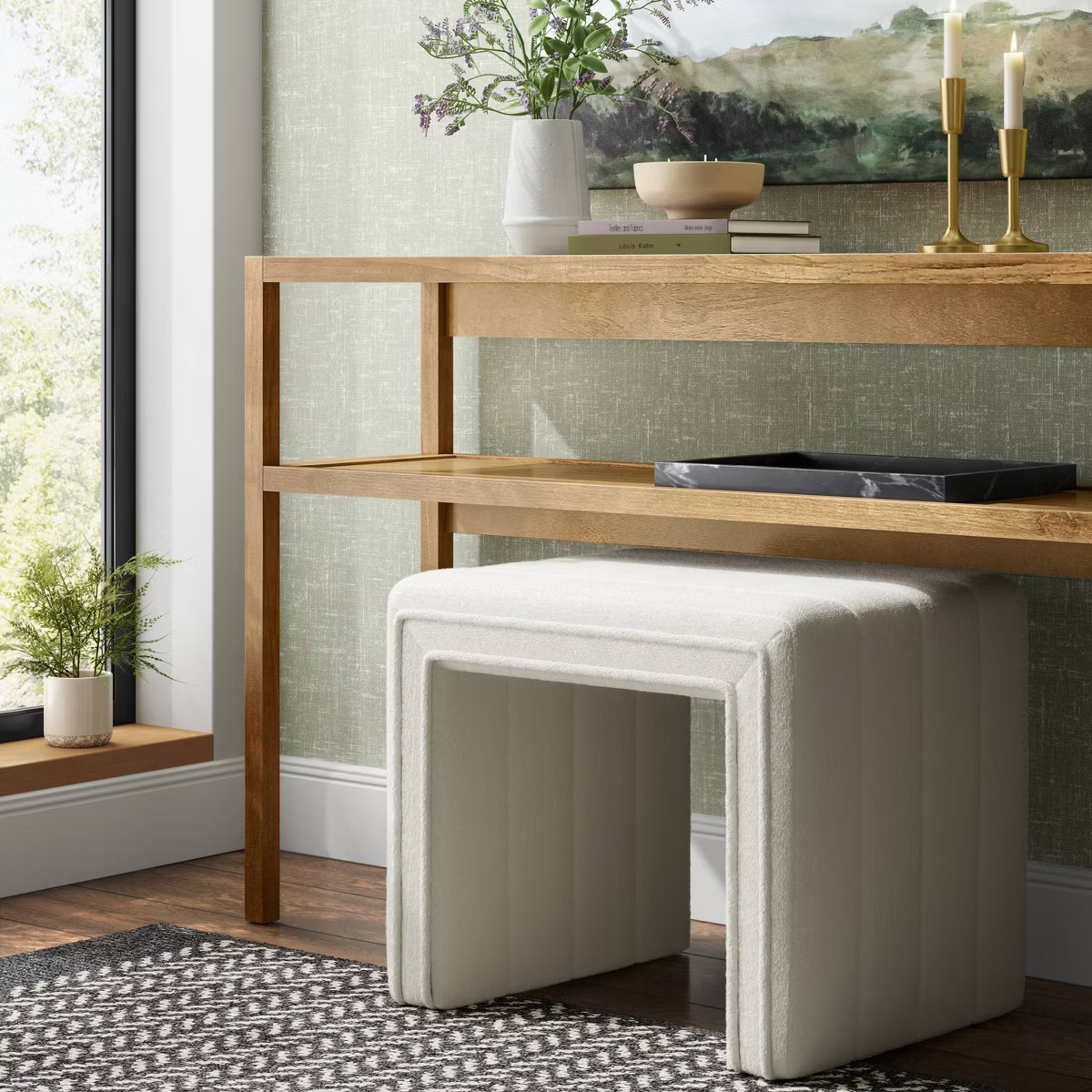 Channel Tufted Boucle Ottoman Cream/Gray - Threshold™: Upholstered Square, No Assembly Required | Target