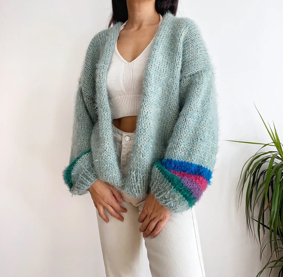 Hand Knit Mohair Wool Cardigan,soft Pastel Women Sweater,handmade Balloon Sleeve Warmer Knit Jack... | Etsy (US)