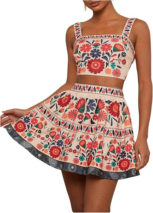 Milumia Women's 2 Piece Outfit Boho Floral Crop Cami Top High Waist Ruffle Short Skirt Set | Amazon (US)