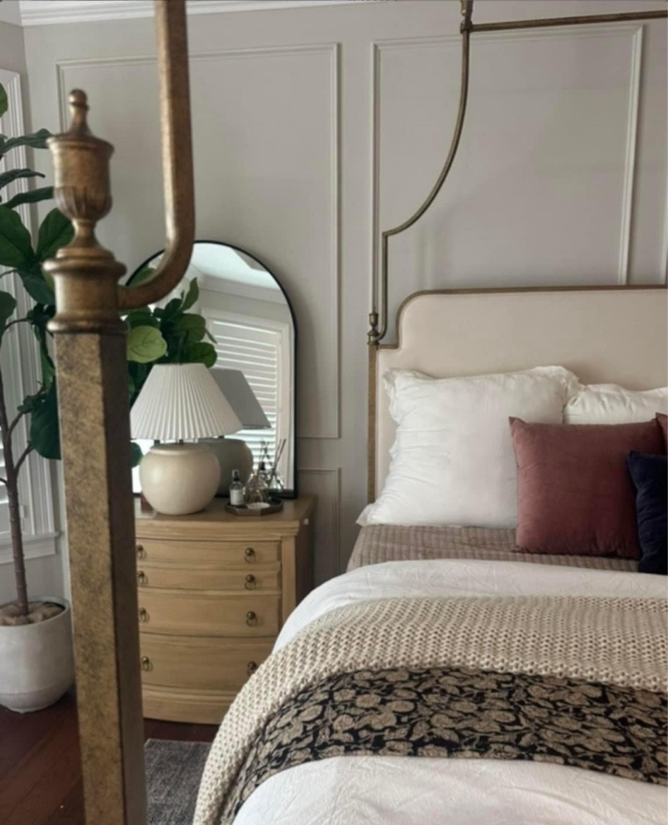 Primary bedroom layered neutral warm cozy bedding for canopy bed and pleated lamp

#LTKHoliday #LTKGiftGuide #LTKSeasonal