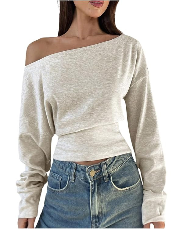 Milumia Women's Off The Shoulder Long Sleeve Crop Top Ruched Cinched Waist Y2k Knit Tops Tee | Amazon (US)