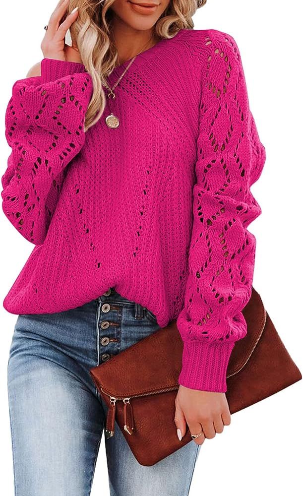 SHEWIN Women's Casual Long Sleeve Crewneck Crochet Sweater Lightweight Knit Pullover Sweaters Top... | Amazon (US)