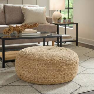 Braided Natural Jute Large Round Pouf Ottoman | The Home Depot