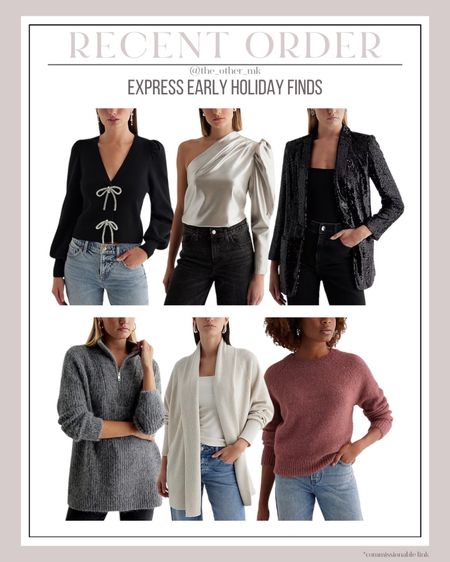 Express, holiday fashion, bow sweater, fall outfit, holiday outfit, metallic, metallic shirt, sequins, sequin blazer, cardigan, winter sweaters 

#LTKHoliday #LTKstyletip #LTKSeasonal