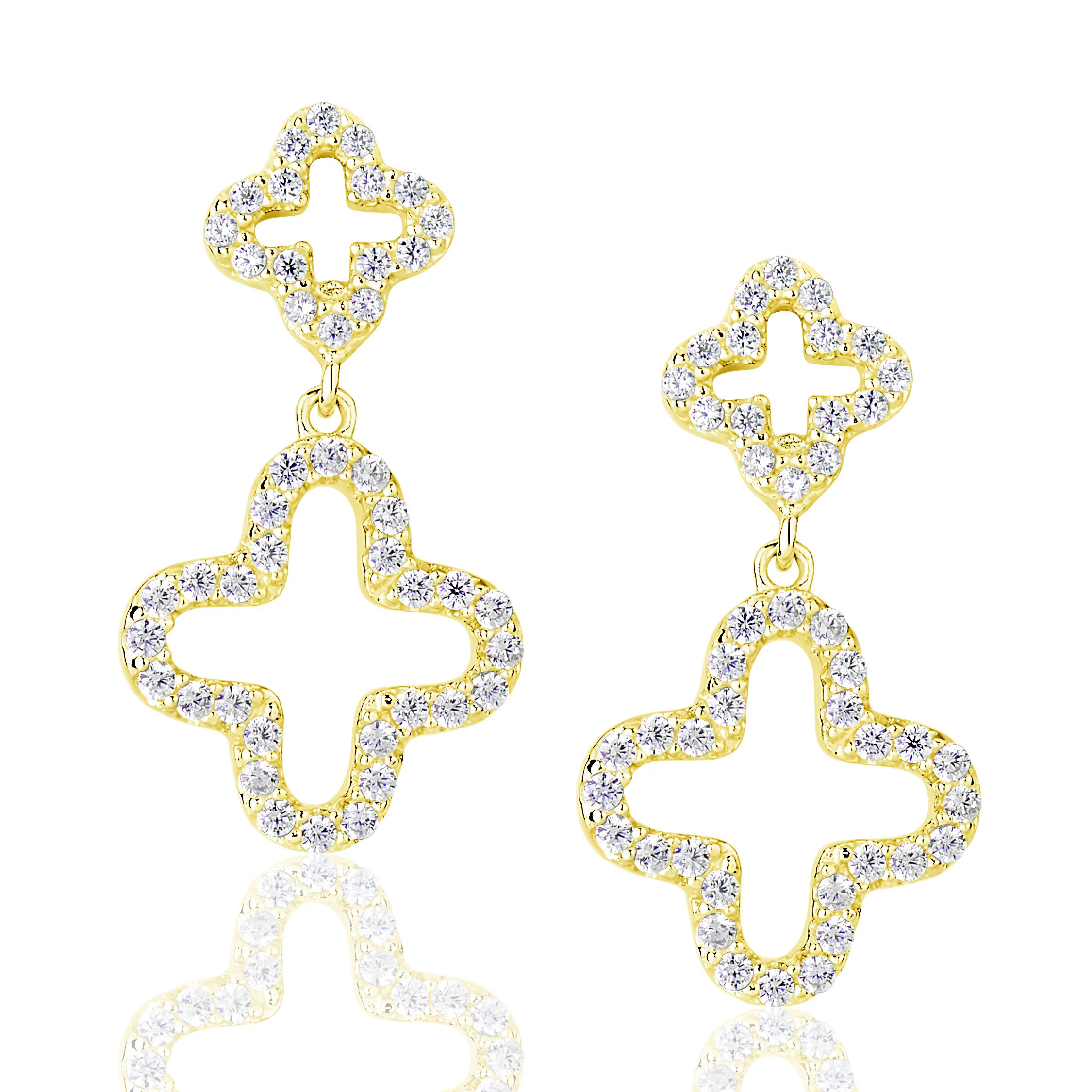 Suzy Levian Cubic Zirconia Golden Sterling Silver Double Clover Dangle | SUZY LEVIAN