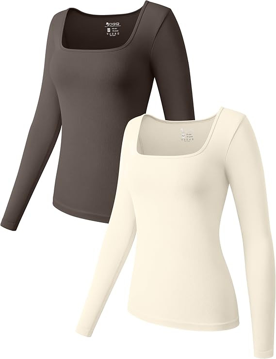 OQQ Women's 2 Piece Tops Long Sleeve Square Neck Stretch Fitted Underscrubs Layer Tee Shirts Tops | Amazon (US)