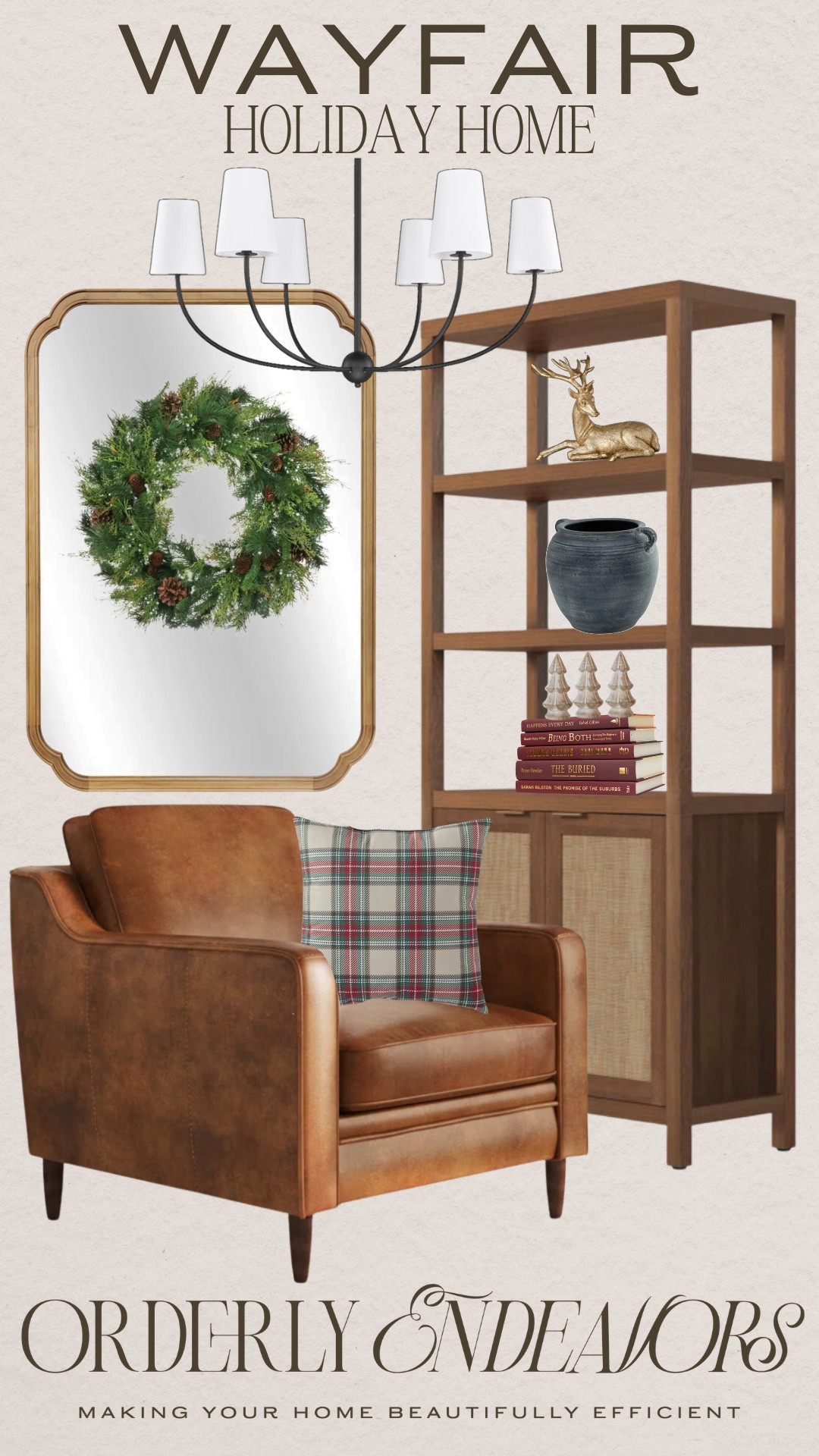 Wayfair holiday home includes accent chair, plaid throw pillow, bookcase, red book stack, small tree, vase, gold reindeer, chandelier, mirror, and wreath.

Holiday styled home, holiday home, Christmas decor, holiday decorr

#LTKStyleTip #LTKFindsUnder100 #LTKHoliday
