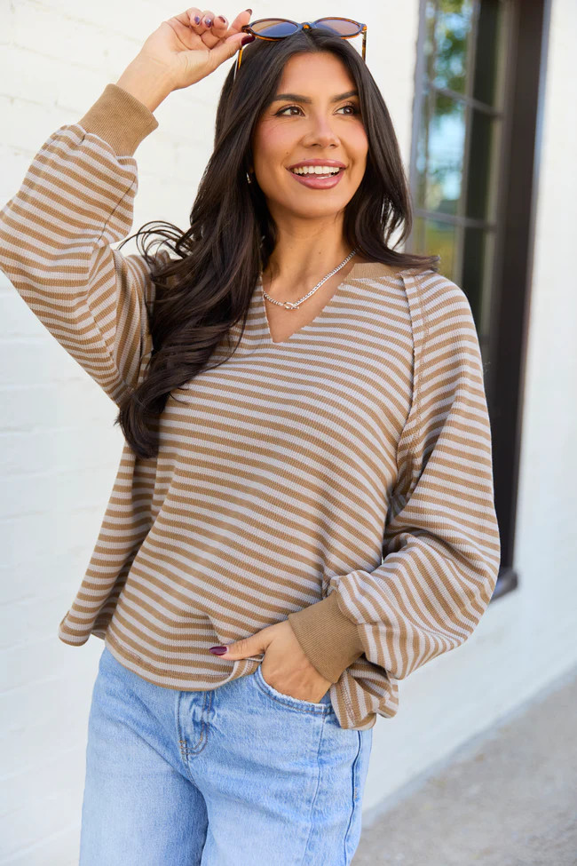 Harlee Taupe Stripe V-neck Striped Waffle Knit Top | Pink Lily